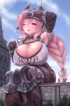  breasts castle cleavage day giant giantess gloves highres knight large_breasts middle_age pink_hair thighs tired 