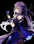  1225ka 1girl bare_shoulders black_background black_bow black_dress blue_dress bow champagne_flute cup double_bun dress drinking_glass genshin_impact hair_ornament highres keqing_(genshin_impact) keqing_(opulent_splendor)_(genshin_impact) long_hair multicolored_clothes multicolored_dress open_mouth pantyhose purple_eyes purple_hair simple_background twintails 