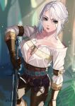  1girl absurdres breasts brown_pants ciri cleavage elbow_gloves gloves green_eyes highres jewelry kagematsuri leather leather_gloves leather_pants lips long_sword looking_at_viewer medium_breasts necklace pants scar scar_across_eye shirt silver_hair solo sword the_witcher_(series) weapon white_hair white_shirt witcher_medallion 