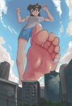  blue_skirt brown_hair building city cloud crushing day feet giant giantess highres shirt skirt skyscraper white_shirt 