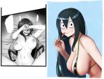  1girl :&gt; asui_tsuyu asymmetrical_hair bed_sheet bikini black_eyes black_hair blank_speech_bubble blue_background blush boku_no_hero_academia bouncing_breasts breasts breasts_apart breath cleavage closed_mouth commentary covered_nipples covering_eyes drooling from_above green_bikini greyscale hair_between_eyes heavy_breathing highres hihizaru_badass implied_sex large_breasts long_hair long_tongue looking_at_viewer lying monochrome motion_lines multiple_views navel nipples no_pupils on_back open_mouth partially_colored saliva simple_background speech_bubble spread_legs strap_pull string_bikini swimsuit tongue tongue_out topless trembling upper_body 