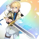  1boy animal blonde_hair blue_eyes commentary_request ferret highres hiyamaru holding holding_sword holding_weapon holostars kishido_temma male_focus pet rainbow short_hair sword translation_request two-handed umimiya virtual_youtuber weapon 