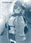  1girl absurdres bag blue_theme blush braid breasts closed_mouth coat cowboy_shot hat highres huge_breasts long_sleeves looking_at_viewer miniskirt mole mole_under_eye monochrome open_clothes open_coat original pleated_skirt shoulder_bag skirt smile solo sweater takeda_hiromitsu timestamp 