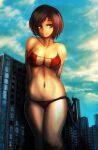  bikini brown_hair building city destruction giant giantess highres red_bikini red_eyes skyscraper swimsuit yilx 