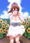  1girl adjusting_hair basket blue_eyes blue_sky blush breasts brown_hair cai_geng cleavage cloud cloudy_sky collarbone day dress eyebrows_visible_through_hair flower hair_between_eyes highres idolmaster idolmaster_million_live! large_breasts long_hair satake_minako sky sleeveless sleeveless_dress smile solo spaghetti_strap sundress sunflower white_dress 