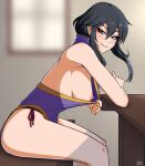  1girl armpits black_eyes black_hair blush breasts commission commissioner_upload earrings eyebrows_visible_through_hair fire_emblem fire_emblem:_genealogy_of_the_holy_war highres jewelry larcei_(fire_emblem) looking_at_viewer medium_breasts nipple_slip nipples no_pants panties public_indecency public_nudity smile smug string_panties tsunsune underwear 