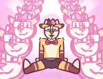  anthro bovid bow_tie bulge caprine clothing eyes_closed eyewear fur genital_outline glasses goat hair hooves horn male mammal penis_outline pink_hair pink_marky sitting solo tongue tongue_out underwear yellow_body yellow_fur 