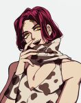  1boy animal_print bare_shoulders cleavage_cutout clothing_cutout cow_print jojo_no_kimyou_na_bouken long_hair male_focus pectorals purple_hair red_hair rikiel sempon_(doppio_note) solo stone_ocean yellow_eyes 