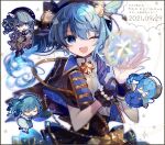  1girl :d blue_eyes blue_hair blue_nails blurry blurry_background blush cyawa dated depth_of_field epaulettes fingernails gloves hands_up highres hololive hoshimachi_suisei jacket long_hair looking_at_viewer one_eye_closed single_glove smile solo tagme 
