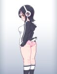  1girl ass black_hair blush feet_out_of_frame from_behind grey_background headphones hood hood_down hoodie humboldt_penguin_(kemono_friends) kemono_friends kionant kneepits looking_at_viewer looking_back medium_hair panties parted_lips penguin_tail pink_panties profile signature socks solo tail underwear white_legwear yellow_eyes 