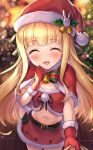  1girl :3 akabane_(zebrasmise) bangs bauble bell belt blonde_hair blurry blurry_background bokeh bow bowtie capelet christmas christmas_ornaments christmas_tree closed_eyes clothes_grab commentary cowboy_shot crop_top depth_of_field eyebrows_visible_through_hair fur-trimmed_capelet fur-trimmed_shirt fur-trimmed_skirt fur_trim glint gloves green_bow hand_up hat hat_bell highres holly indoors long_hair looking_at_viewer midriff miniskirt mononobe_alice navel neck_bell nijisanji open_mouth pov red_bow red_capelet red_gloves red_headwear red_shirt red_skirt santa_costume santa_gloves santa_hat shirt skirt smile solo sparkle standing strapless strapless_shirt tearing_up virtual_youtuber wooden_floor 