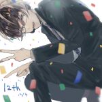  1boy anniversary black_pants black_suit blue_necktie brown_hair commentary confetti dated formal grey_eyes headset highres hiyama_kiyoteru index_finger_raised leaning_forward looking_at_viewer male_focus necktie pants r_grey1204 shirt sitting solo suit v vocaloid white_shirt 