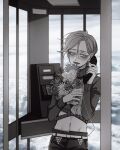  1boy bouquet cloud cloudy_sky crop_top daisy eyelashes flower freckles highres holding holding_bouquet holding_phone jojo_no_kimyou_na_bouken male_focus midriff payphone phone phone_booth ribbed_sweater sempon_(doppio_note) sky solo sweater talking_on_phone turtleneck vento_aureo vinegar_doppio 