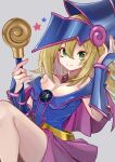  1girl artist_request bare_shoulders blonde_hair blush blush_stickers breasts cleavage dark_magician_girl green_eyes highres large_breasts long_hair solo star_(symbol) wand yu-gi-oh! 