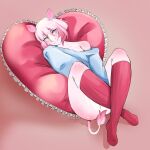  &lt;3 absurd_res anthro aoba blush boilingbunn character_name clothed clothing cushion footwear hair heart_(marking) hi_res horn knee_highs legwear male mammal pillow pink_body pink_hair rhinocerotoid smile socks solo solo_focus 