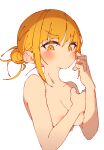  1girl :/ absurdres areolae bangs blonde_hair blunt_bangs blush boku_no_hero_academia breasts cleavage closed_mouth collarbone completely_nude covering covering_breasts cropped_torso double_bun eyebrows_visible_through_hair finger_to_cheek from_side frown furrowed_brow hair_between_eyes hands_up highres looking_at_viewer looking_to_the_side medium_breasts messy_hair narrowed_eyes nude rasusurasu scratching_cheek simple_background solo toga_himiko upper_body v-shaped_eyebrows white_background yellow_eyes 