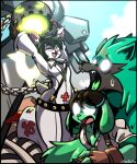  absurd_res anthro black_body black_fur black_hair bodily_fluids canid canine canis cervid chain clothed clothing cosplay detailed_background domestic_dog duo ear_piercing fighting_pose freckles fur giovanna_(guilty_gear) glowing glowing_eyes green_body green_fur green_tongue grimmjow_ookami guilty_gear hair hi_res jack-o&#039;_valentine male male/male mammal no_pupils one_eye_closed piercing pink_tongue polarfoxpat pose rei_(guilty_gear) smile sue_lee surprise sweat tongue white_body white_fur wink 