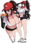  breasts cleavage condom food hat hella_p highres league_of_legends long_hair pizza pizza_delivery pizza_delivery_sivir pizza_slice shoes shorts sivir sneakers 