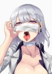  1girl breasts collarbone formal girls&#039;_frontline heart heart-shaped_pupils highres large_breasts mask mask_lift mouth_mask nakiusagi open_mouth purple_eyes rpk-16_(girls&#039;_frontline) short_hair silver_hair solo suit surgical_mask symbol-shaped_pupils tongue tongue_out upper_body white_background white_suit 