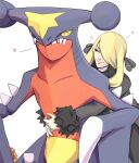  2021 blonde_hair claws collarbone cynthia_(pok&eacute;mon) duo embrace feral fingers garchomp hair hi_res hug hugging_from_behind human lips mammal nintendo pok&eacute;mon pok&eacute;mon_(species) pok&eacute;mon_champion red_body simple_background smile teeth video_games white_background wings yoracrab 