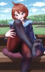  1girl arezu_(pokemon) bangs bench blue_jacket blurry blurry_background blush brown_hair cloud commentary cowlick crossed_legs day fence gradient gradient_legwear grass highres hill jacket leg_up licking_lips long_sleeves looking_at_viewer no_shoes outdoors pantyhose pillow pokemon pokemon_(game) pokemon_legends:_arceus red_eyes short_hair sitting sitting_on_pillow skindentation soles solo teeth tento_(1010) thigh_grab thighs tongue tongue_out tree upper_teeth wooden_bench wooden_fence 