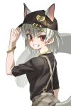  1girl absurdres animal_ears bangs baseball_cap black_headwear black_shirt bracelet brown_eyes chain_necklace commentary ears_through_headwear eastern_quoll_(kemono_friends) extra_ears eyebrows_visible_through_hair grey_hair grin hair_between_eyes hand_on_headwear hat hat_ring highres jewelry kemono_friends looking_at_viewer medium_hair necklace shirt simple_background smile solo suspenders tail tail_through_clothes tanabe_(fueisei) white_background wrist_chain 