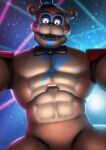  2022 abs absurd_res animatronic anthro big_muscles bow_tie clothing dialogue ear_piercing ear_ring earthist english_text eyebrows facial_markings five_nights_at_freddy&#039;s five_nights_at_freddy&#039;s:_security_breach front_view glamrock_freddy_(fnaf) hat head_markings headgear headwear hi_res inside light looking_at_viewer machine male mammal markings muscular muscular_anthro muscular_male neon nude open_mouth open_smile pecs piercing robot scottgames shoulder_pads smile solo talking_to_viewer teeth text top_hat ursid video_games 