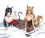  2girls :d animal_ears arknights arm_support axe bangs bare_shoulders black_hair black_legwear black_leotard blaze_(arknights) blue_eyes bow bowtie breasts brown_hair brown_legwear cat_ears cat_girl cat_tail ceobe_(arknights) cleavage commentary detached_collar dog_ears dog_girl dog_tail english_commentary eyebrows_visible_through_hair full_body gloves hairband jason_kim large_breasts leotard long_hair looking_at_viewer multiple_girls nervous_smile pantyhose parted_lips paw_pose playboy_bunny red_bow red_bowtie red_eyes red_hairband red_leotard simple_background sitting smile strapless strapless_leotard sweatdrop tail thighband_pantyhose very_long_hair white_background white_gloves yellow_bow yellow_bowtie yokozuwari 