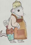  2022 anthro apron biped black_eyes bottomwear clothing hat headgear headwear mammal murid murine pants rat rem-rem rodent shirt shranxie simple_background solo spatula tails_of_iron tools topwear video_games 