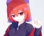  1girl :d absurdres bangs blue_bow blue_shirt blush bow cape donnon08 eyebrows_visible_through_hair grey_background hair_between_eyes hair_bow hand_up highres long_sleeves looking_at_viewer off_shoulder red_cape red_eyes red_hair scar sekibanki shadow shirt short_hair simple_background smile solo touhou translation_request wing_collar 