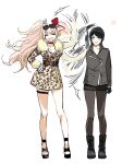  2girls :d animal_print arm_at_side bangs belt black_belt black_footwear black_jacket black_legwear blonde_hair blush bow brown_jacket bunny_hair_ornament danganronpa_(series) danganronpa_3_(anime) enoshima_junko eyewear_on_head fighting fur_trim hair_bow hair_ornament hand_on_hip heart ikusaba_mukuro jacket jijon_(zzonegirl) leopard_print long_hair long_sleeves multiple_girls open_mouth pantyhose red_bow siblings sisters smile standing sunglasses sweater twintails white_bow 