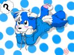  2012 4:3 ? anthro bandai_namco blue_body blue_ears blue_fur blue_hair blush bottomless canid canine clothed clothing cute_fangs digimon digimon_(species) dotted_background floppy_ears fur gaokun gaokun_(character) hair hoodie looking_aside male mammal multicolored_body multicolored_ears multicolored_fur multicolored_hair pattern_background pawpads pink_pawpads simple_background solo thought_bubble topwear two_tone_body two_tone_ears two_tone_fur two_tone_hair watermark white_body white_ears white_fur white_hair 
