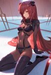  1girl adapted_costume bangs bident bodysuit breasts cosplay covered_navel evangelion:_2.0_you_can_(not)_advance fate/grand_order fate_(series) full_body hair_between_eyes hairpods highres lance_of_longinus long_hair looking_at_viewer medium_breasts neon_genesis_evangelion plugsuit purple_bodysuit purple_hair rebuild_of_evangelion red_eyes revision scathach_(fate) siino sitting small_breasts solo souryuu_asuka_langley souryuu_asuka_langley_(cosplay) test_plugsuit thighs wariza younger 
