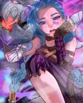  1girl absurdres arcane:_league_of_legends arcane_jinx arm_tattoo asymmetrical_bangs bangs bare_shoulders belt blue_hair braid breasts brown_belt brown_gloves cloud_tattoo collarbone fingerless_gloves gloves highres jinx_(league_of_legends) ka-gei knee_up league_of_legends long_hair looking_at_viewer pants rocket_launcher shoulder_tattoo solo striped striped_pants tattoo teeth twin_braids upper_teeth weapon 