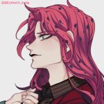  1boy black_lips diavolo formal green_eyes jojo_no_kimyou_na_bouken lipstick long_hair lowres makeup male_focus necktie necktie_grab neckwear_grab pink_hair pinstripe_pattern sempon_(doppio_note) smirk solo_focus striped suit vento_aureo 