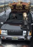  1_kozin 1boy 1girl absurdres bangs black_footwear black_necktie brown_hair car cellphone character_request cigarette coffin formal glasses grey_sky ground_vehicle highres license_plate motor_vehicle necktie original outdoors parted_bangs phone sitting smoking suit 