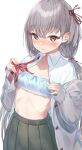  blush bow bow_bra bowtie bowtie_removed bra breasts cardigan cinderella_bust collarbone collared_shirt eyebrows_visible_through_hair frilled_bra frills grey_eyes grey_hair hair_ribbon highres long_hair looking_at_viewer low_twintails namikishiho navel open_cardigan open_clothes open_shirt original parted_lips pleated_skirt red_ribbon ribbon school_uniform shirt skirt sleeves_past_wrists small_breasts twintails underwear very_long_hair white_shirt 