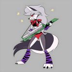  absurd_res anthro canid canid_demon chippocat_(artist) clothing collar cosplay crossover crossover_cosplay demon female five_nights_at_freddy&#039;s five_nights_at_freddy&#039;s:_security_breach fur grey_body grey_fur hair hellhound helluva_boss hi_res keyboard_instrument keytar legwear looking_aside looking_at_viewer loona_(helluva_boss) mammal multicolored_body multicolored_fur musical_instrument red_sclera roxanne_wolf_(fnaf) scottgames silver_hair solo two_tone_body two_tone_fur video_games white_body white_eyes white_fur 