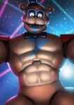  2022 abs absurd_res animatronic anthro big_muscles bow_tie clothing ear_piercing ear_ring earthist eyebrows facial_markings five_nights_at_freddy&#039;s five_nights_at_freddy&#039;s:_security_breach front_view glamrock_freddy_(fnaf) hat head_markings headgear headwear hi_res inside light looking_at_viewer machine male mammal markings muscular muscular_anthro muscular_male neon nude open_mouth open_smile pecs piercing robot scottgames shoulder_pads smile solo teeth top_hat ursid video_games 