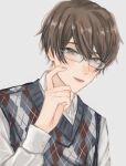  1boy absurdres brown_eyes brown_hair commentary finger_to_cheek glasses grey_background highres hiyama_kiyoteru looking_at_viewer male_focus open_mouth plaid plaid_sweater r_grey1204 scratching_cheek shirt solo sweater upper_body vocaloid white_shirt 