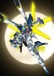  after_war_gundam_x blue_eyes clenched_hands glowing gundam gundam_double_x head_tilt highres looking_down mecha mechanical_wings moon niidan no_humans science_fiction shoulder_cannon solo space v-fin wings 