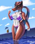  2021 5:4 5_fingers anthro anthrofied beverage big_breasts bikini breasts clothing cloud crocodilian digital_media_(artwork) digital_painting_(artwork) female fingers hand_gesture hi_res krookodile looking_at_viewer nintendo non-mammal_breasts outside paradoxing partially_submerged pok&eacute;mon pok&eacute;mon_(species) red_body red_eyes reptile scalie signature smile solo swimming_pool swimwear thick_thighs video_games wide_hips 