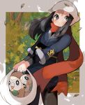  1girl akari_(pokemon) bird black_hair black_shirt blush border brown_legwear closed_mouth commentary eyelashes feathers grey_eyes grey_jacket grey_skirt head_scarf highres holding jacket long_hair looking_back outside_border owl pantyhose pokemon pokemon_(creature) pokemon_(game) pokemon_legends:_arceus rowlet scarf shirt sidelocks skirt ume_(ume_445) white_border white_headwear 