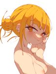  1girl backlighting bangs blonde_hair blunt_bangs boku_no_hero_academia breasts cleavage closed_mouth collarbone double_bun eyebrows_visible_through_hair fang from_side hand_on_own_cheek hand_on_own_face hand_up highres inverted_nipples looking_at_viewer looking_to_the_side medium_breasts messy_hair narrowed_eyes nipples rasusurasu simple_background skin_fang smile solo toga_himiko tsurime upper_body white_background yellow_eyes 