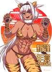  1girl :d abs absurdres animal_ears animal_print bangs bare_shoulders bikini black_hairband blue_eyes body_markings breasts caenis_(fate) chinese_zodiac claw_pose cleavage collarbone commentary_request cowboy_shot dark-skinned_female dark_skin elbow_gloves eyebrows_visible_through_hair fake_animal_ears fake_tail fate/grand_order fate_(series) fingernails fur_collar gloves groin hair_between_eyes hair_intakes hairband highres large_breasts long_fingernails long_hair looking_at_viewer low_ponytail moussaka navel open_mouth paw_print sidelocks skindentation smile solo standing stomach swimsuit tail teeth thighhighs tiger_ears tiger_print tiger_tail translation_request white_background white_hair white_nails year_of_the_tiger yellow_bikini yellow_gloves yellow_legwear 
