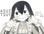  1girl :&gt; asui_tsuyu bad_id bad_pixiv_id bangs blush bodysuit boku_no_hero_academia character_name cheek_pinching cheek_pull closed_mouth covered_collarbone dated eyebrows_visible_through_hair eyelashes facing_viewer gloves greyscale hair_between_eyes hands_on_own_cheeks hands_on_own_face hands_up high_collar long_hair looking_away looking_to_the_side looking_up monochrome pinching sanpaku signature simple_background smile solo straight-on straight_hair teyuruun upper_body white_background 