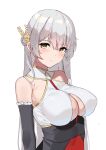  1girl absurdres azur_lane bangs bare_shoulders black_sleeves blush breasts closed_mouth detached_sleeves eyebrows_visible_through_hair hair_ornament hermione_(azur_lane) highres large_breasts long_hair long_sleeves looking_at_viewer manu_(pixiv41646715) silver_hair simple_background solo upper_body white_background yellow_eyes 