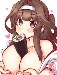  1girl ahoge artist_logo between_breasts black_eyes breasts brown_hair commentary_request covering covering_breasts dated double_bun ehoumaki food hairband heart heart-shaped_pupils kanon_(kurogane_knights) kantai_collection kongou_(kancolle) large_breasts long_hair makizushi off-shoulder_kimono one-hour_drawing_challenge sexually_suggestive simple_background solo sushi symbol-shaped_pupils upper_body white_background white_hairband 