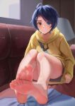  1girl absurdres bangs barefoot blue_eyes blue_hair blush brown_shorts closed_mouth couch full_body hair_ornament hairpin heterochromia highres hood hoodie indoors long_sleeves looking_at_viewer no_shoes ooto_ai shorts sitting soles solo taichi_suzuki toes wonder_egg_priority yellow_eyes yellow_hoodie 
