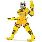  anthro armor belt claw_(weapon) clothed clothing collar gauntlets genitals glaring gloves handwear headgear helmet koopa koopa_troopa male mario_bros melee_weapon muscular nintendo notkastar pecs pose scalie signature solo straps tattoo text video_games weapon zatch_(character) 